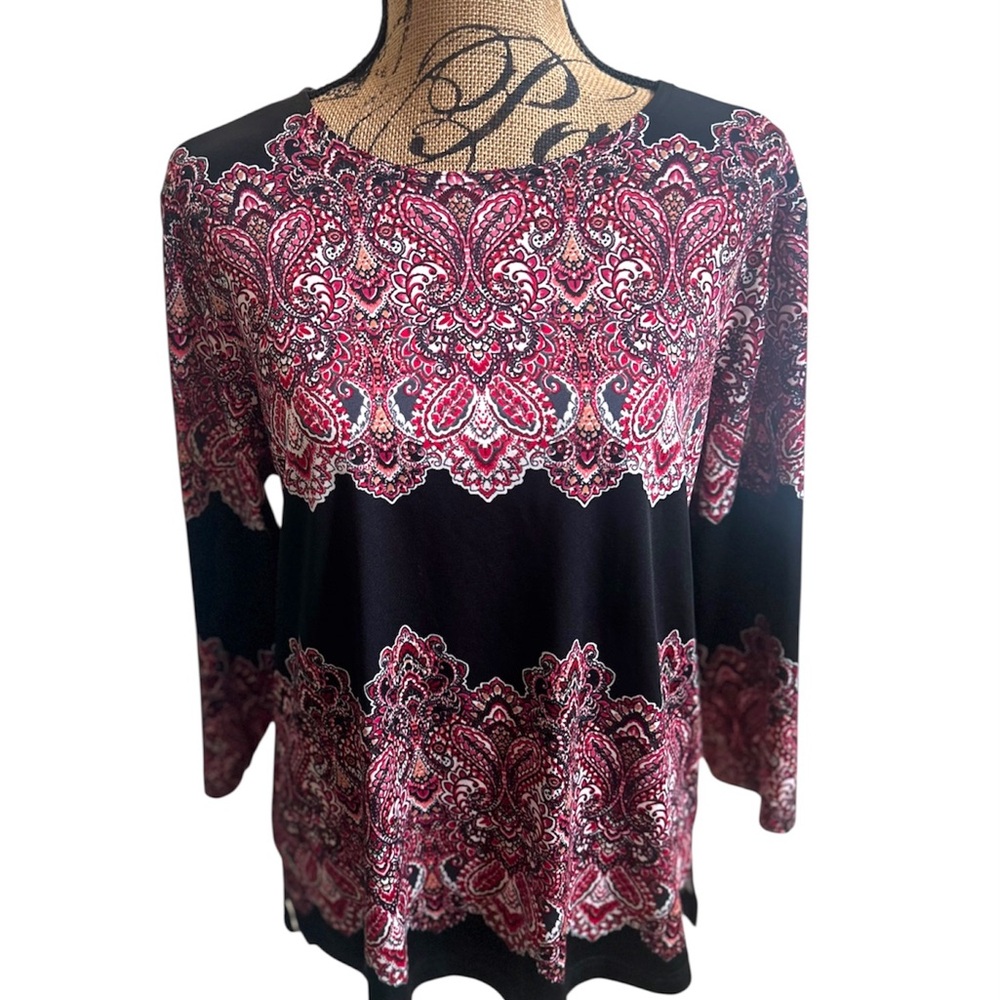 Final Price Clearances Bon Worth Gorgeous Paisley Print 3/4 Sleeve Black & Pink